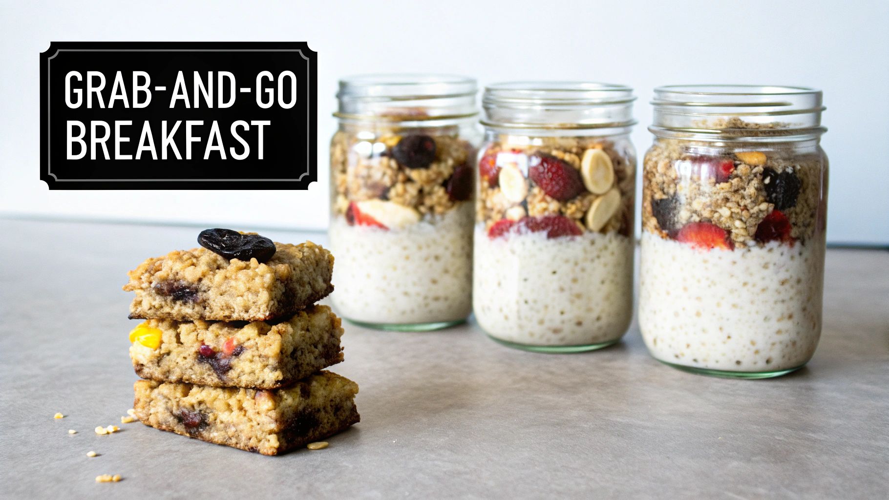 Three jars of overnight oats with granola, berries, and nuts, next to a stack of healthy breakfast bars.