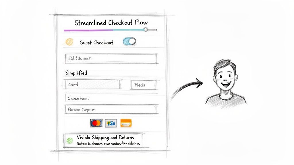 A hand-drawn sketch showing a streamlined e-commerce checkout flow and a satisfied customer.