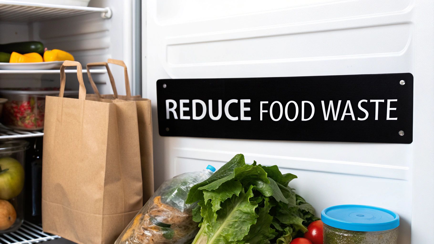 An open refrigerator filled with groceries and a sign on the door saying 'REDUCE FOOD WASTE'.