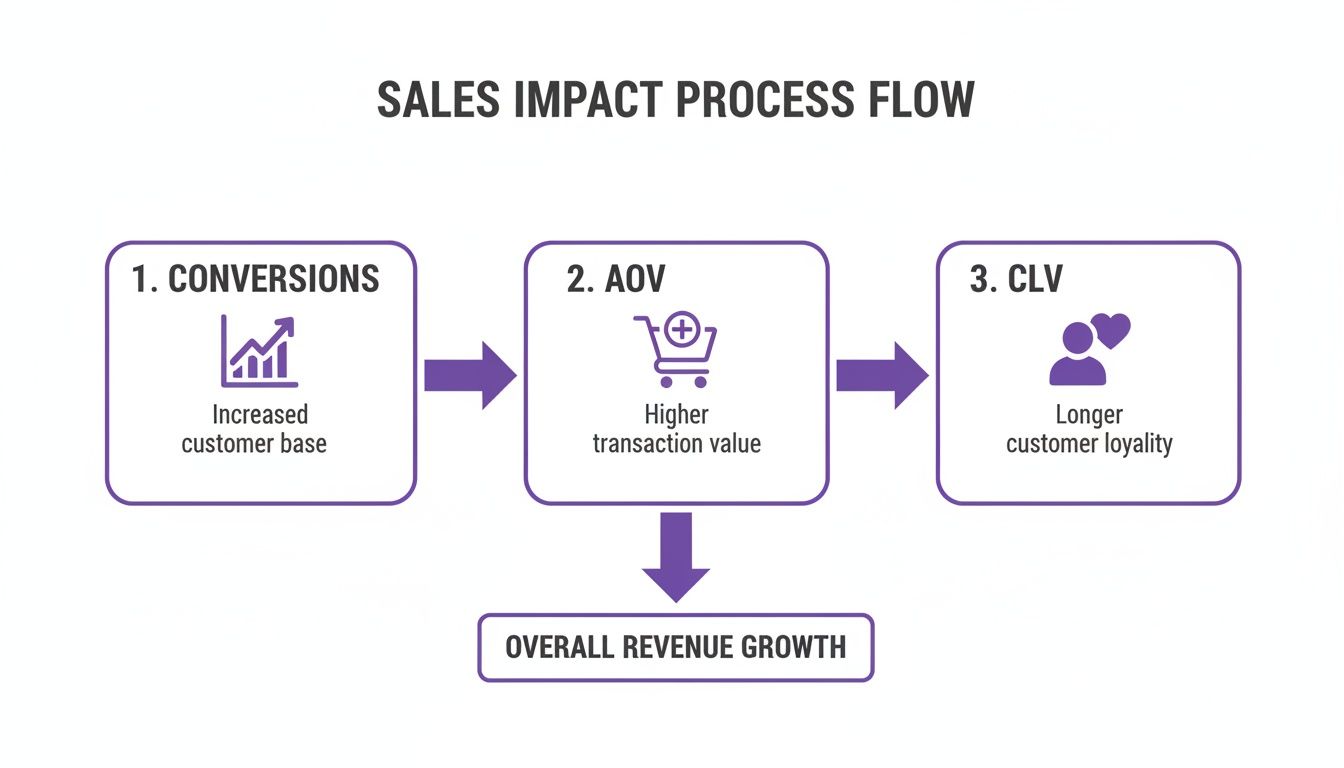 Flowchart illustrating the sales impact process, showing conversions, AOV, and CLV leading to overall revenue growth.