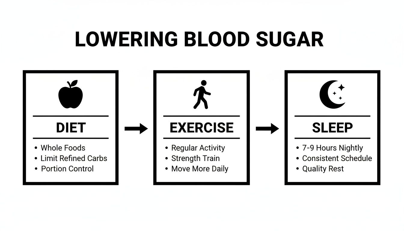 Infographic showing three strategies for lowering blood sugar: Diet, Exercise, and Sleep, with key actions for each.