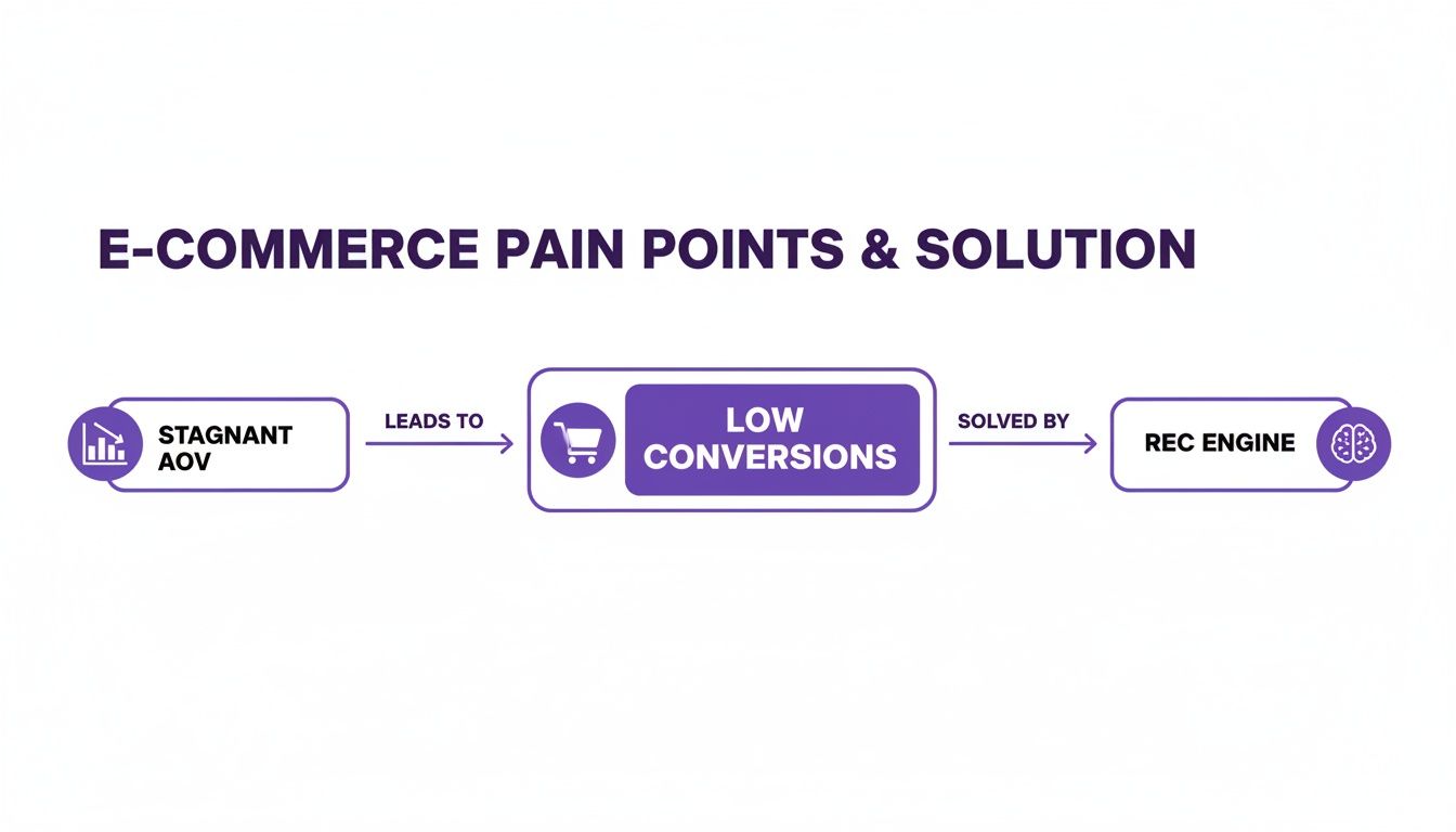 Flowchart illustrating e-commerce pain points: stagnant AOV leads to low conversions, solved by a recommendation engine.