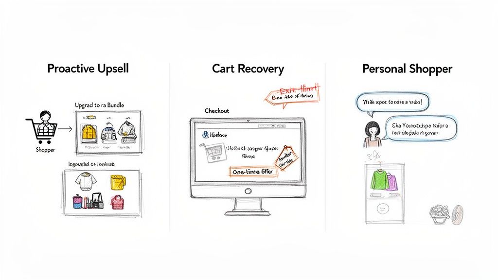 Sketched illustrations of proactive upsell, cart recovery, and personal shopper strategies for AI sales assistants.