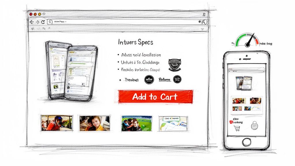 Hand-drawn sketch of an e-commerce product page on a desktop browser and mobile phone, highlighting responsive design and add to cart.
