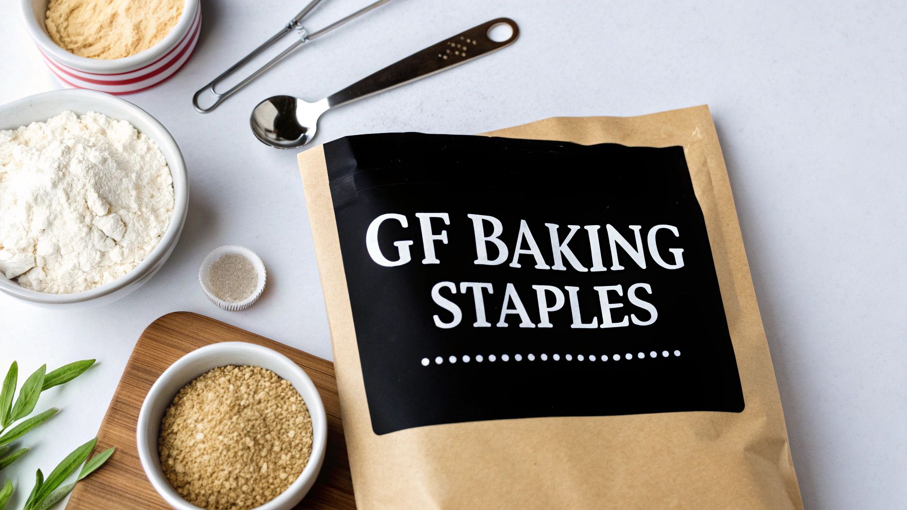 Assortment of gluten-free baking staples including various flours and powders, with a labeled package.