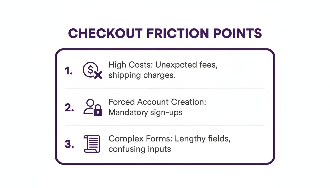 A list of 3 checkout friction points: high costs, forced account creation, and complex forms.