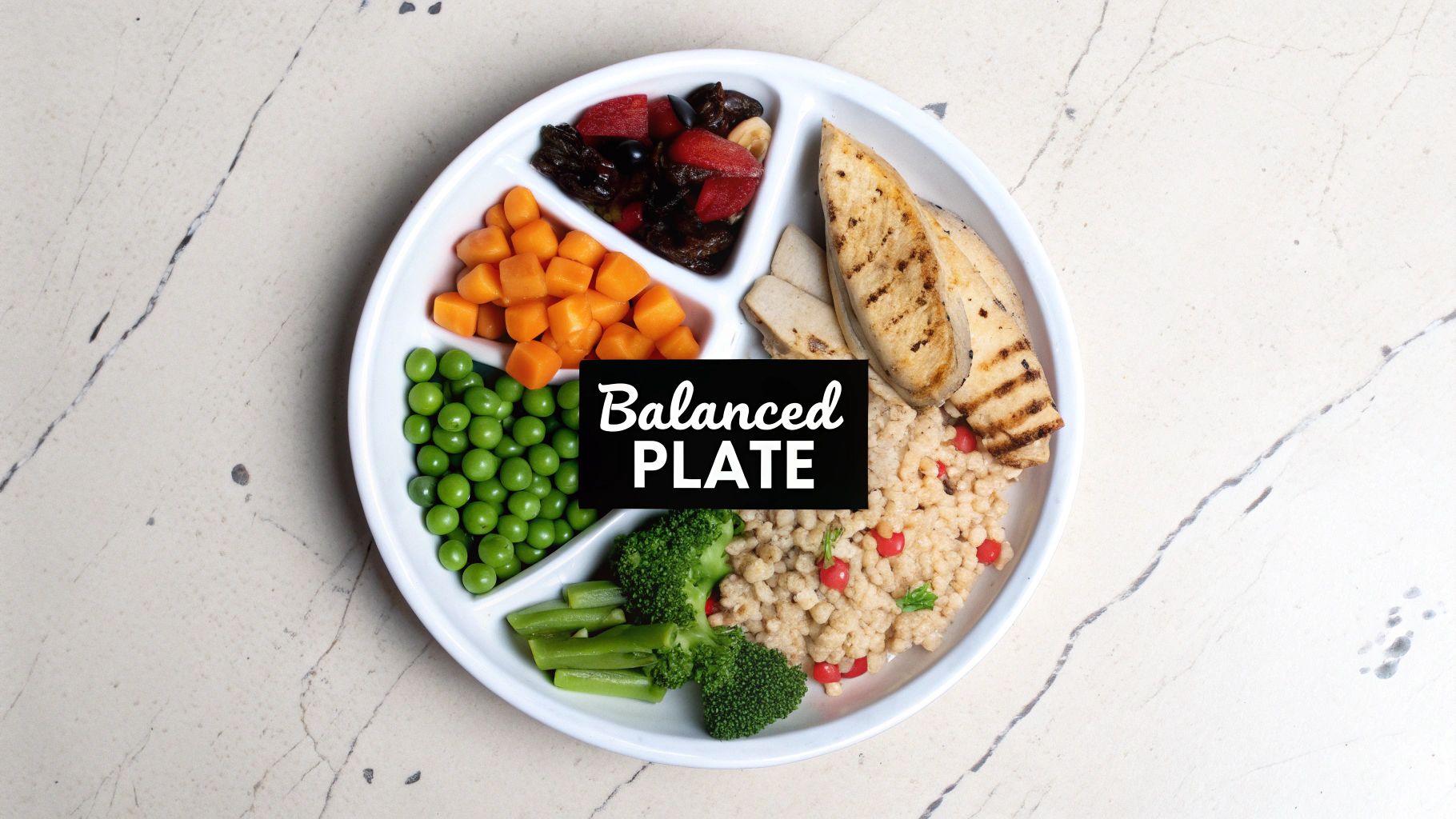 A balanced meal on a partitioned plate with grilled chicken, vegetables, and fruit.