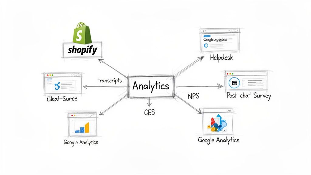 Diagram showing how analytics integrates with various customer service platforms like Shopify, Google Analytics, and surveys.