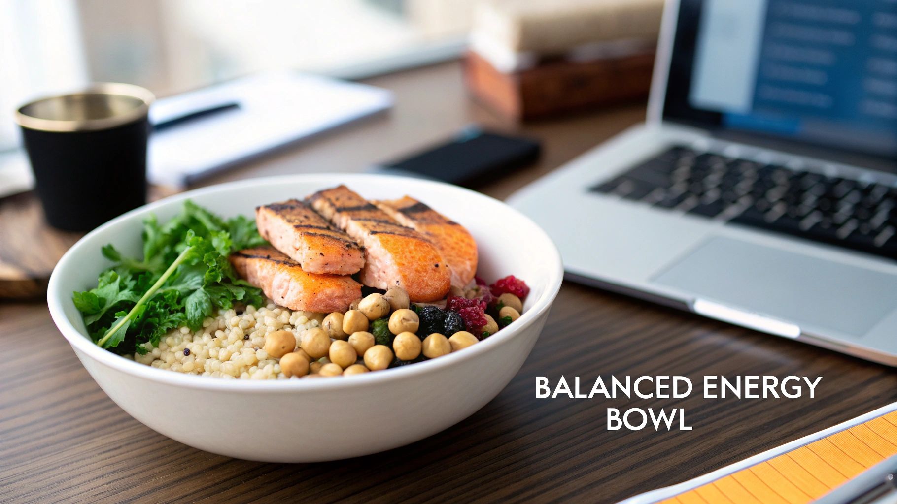 A nutritious "Balanced Energy Bowl" featuring salmon, grains, and vegetables, perfect for an office lunch.