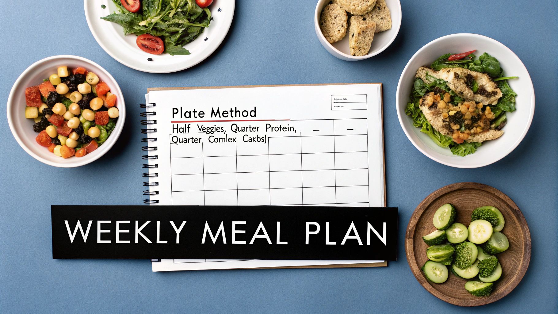 Overhead shot of a meal plan notebook, various healthy food dishes, and a 'Weekly Meal Plan' banner.