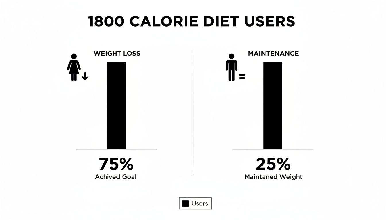 Infographic showing 1800 calorie diet user success rates for weight loss and maintenance.