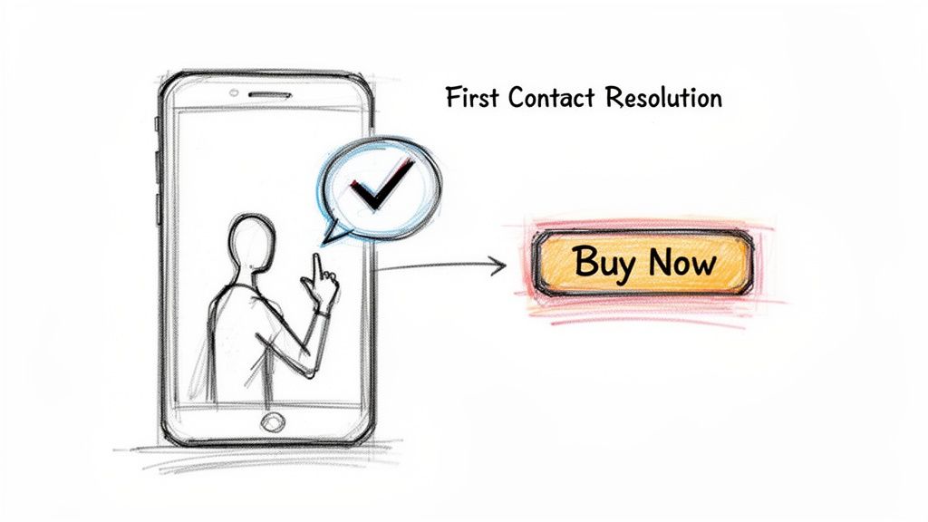 Sketch of a customer service interaction in a smartphone, showing resolution and leading to a 'Buy Now' button.