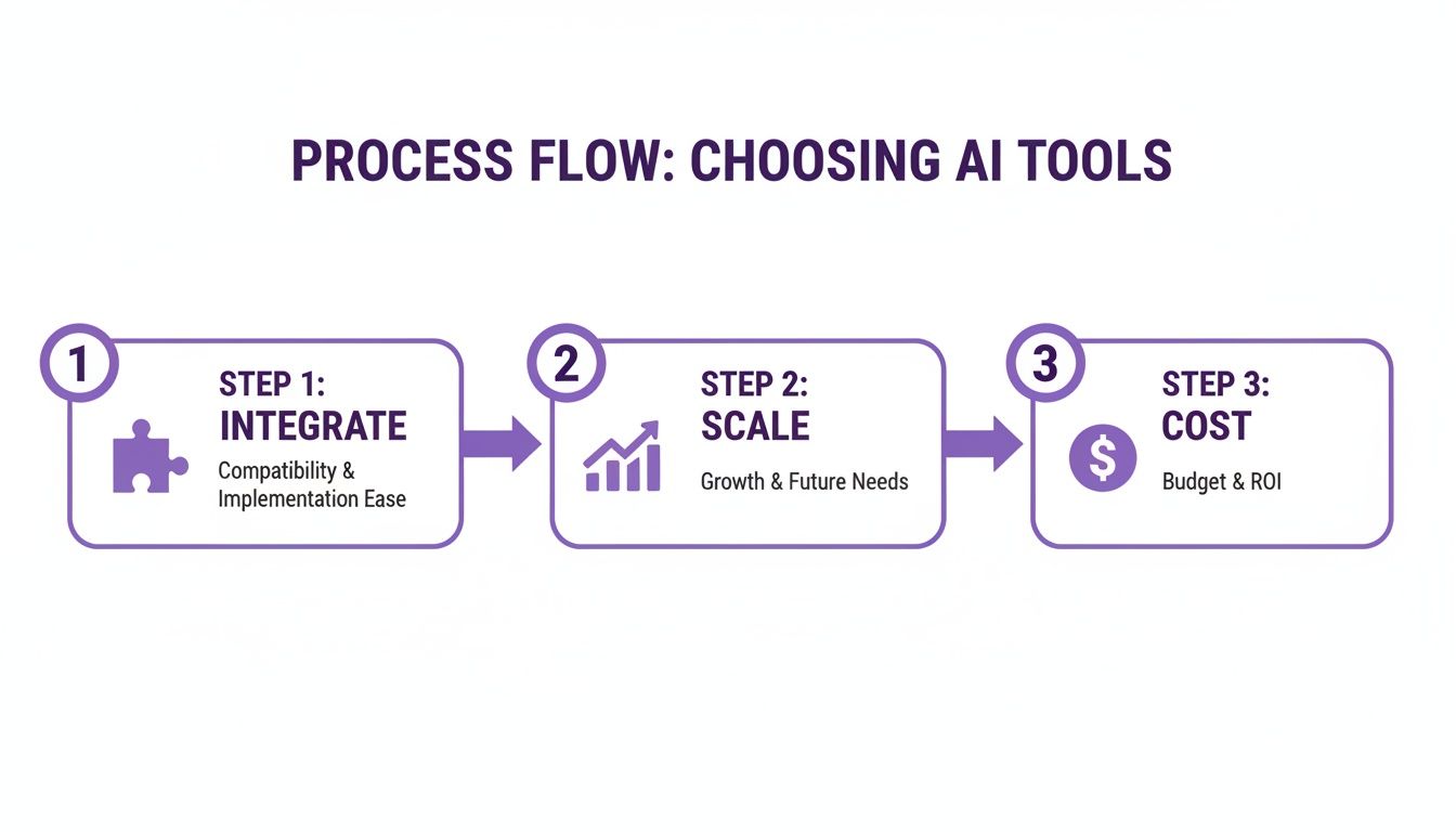 A three-step process flow for choosing AI tools: Integrate, Scale, and Cost considerations.