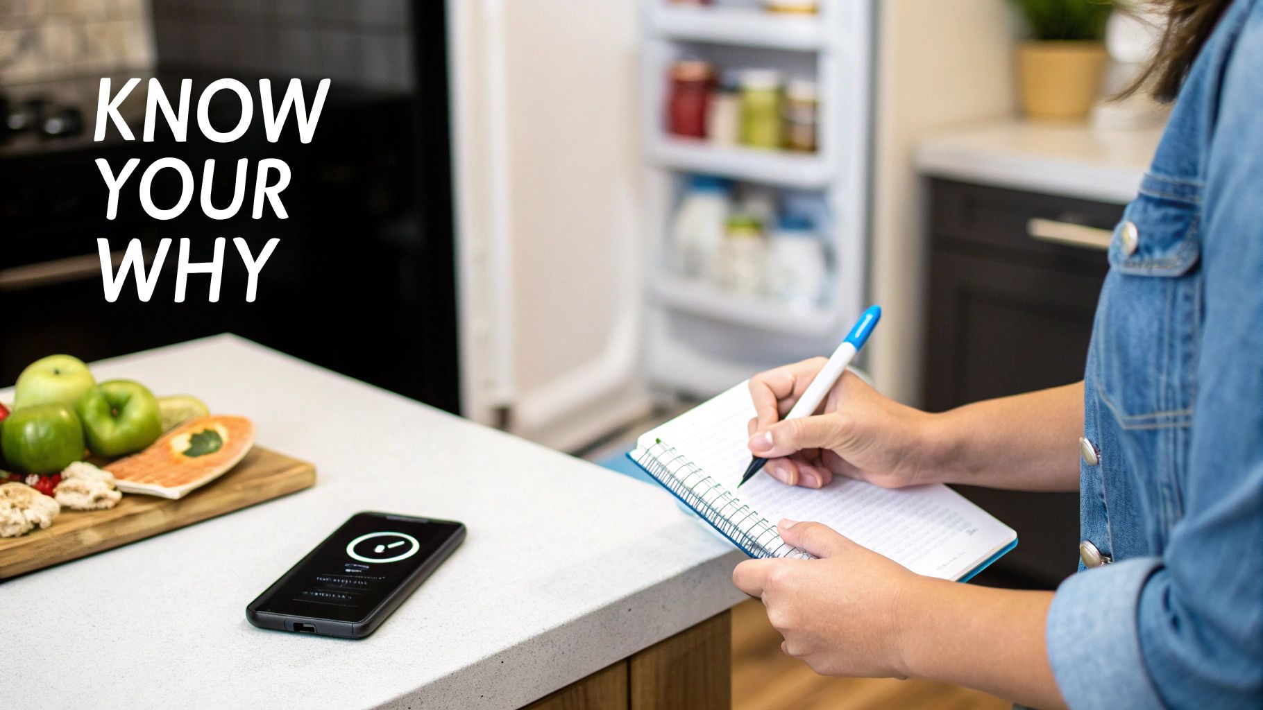 Person planning meals in a kitchen with a notebook, smartphone, fresh fruits, and text 'KNOW YOUR WHY'.