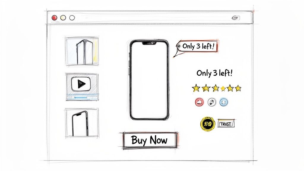 Sketch of an e-commerce product page for a smartphone, showing scarcity, ratings, and a buy button.