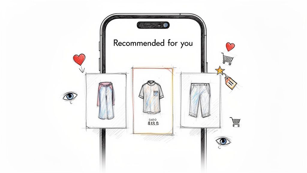 A smartphone screen displaying personalized clothing recommendations with e-commerce and engagement icons.