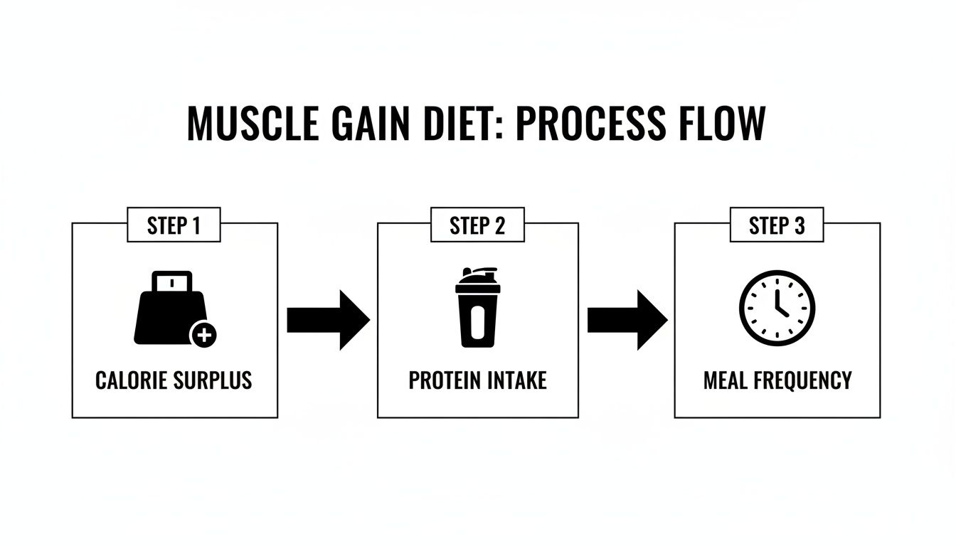 A three-step infographic illustrating the muscle gain diet process: calorie surplus, protein intake, and meal frequency.