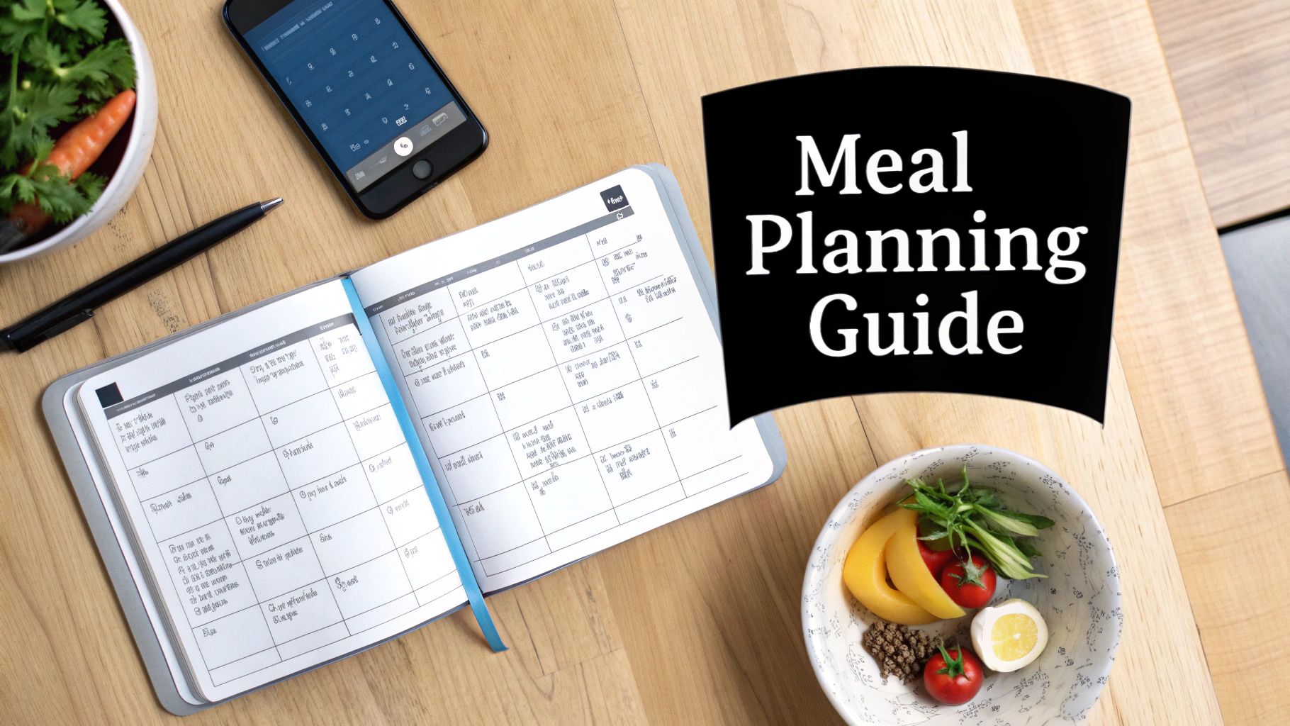 Flat lay of a meal planning guide, planner, smartphone, and fresh food ingredients on a wooden table.