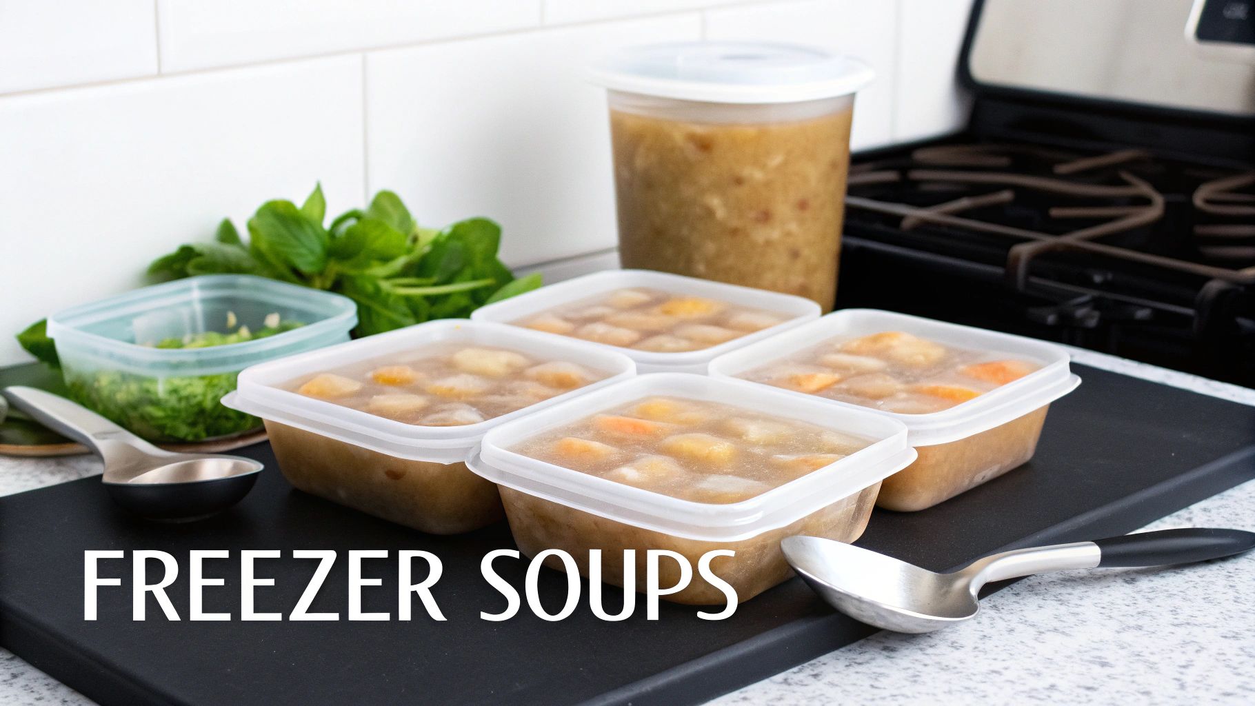 Prepped freezer soups in containers with fresh herbs on a kitchen counter for healthy meals.