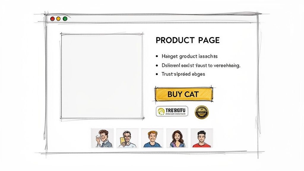 Sketched product page mock-up with a 'BUY CAT' button and user avatars.