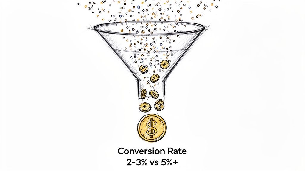 Illustration of a marketing funnel turning many leads into fewer gold coins, comparing conversion rates.