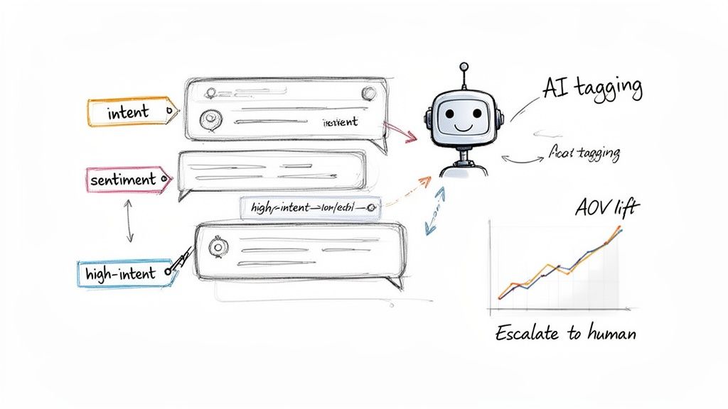 Diagram illustrating an AI chatbot processing customer intent and sentiment, leading to automated tagging, human escalation, and AOV lift.