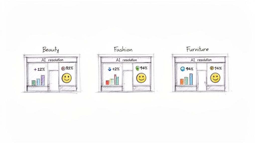 Sketched storefronts displaying AI resolution statistics for Beauty, Fashion, and Furniture sectors.