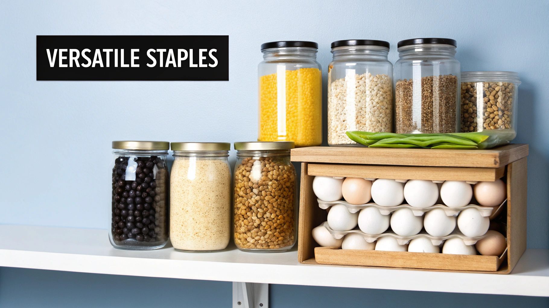 Organized pantry shelf with versatile food staples in glass jars and fresh eggs.