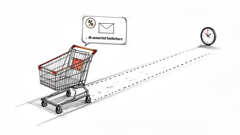 Illustration of a shopping cart with a discount email thought bubble heading towards a clock.