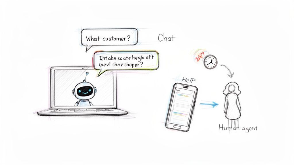A diagram illustrates a chatbot on a laptop escalating a customer query to a human agent via mobile chat, available 24/7.