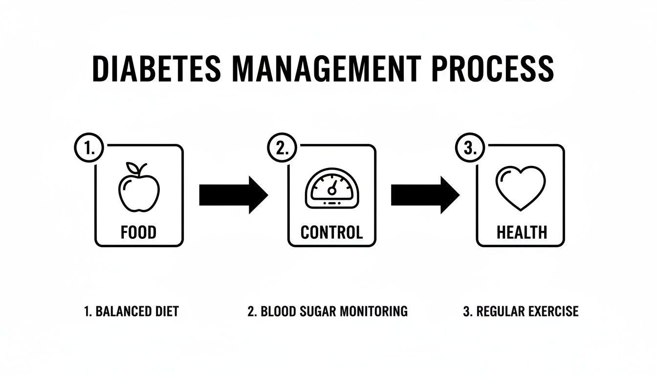 A diagram outlining the diabetes management process: balanced diet, blood sugar monitoring, and regular exercise for health.