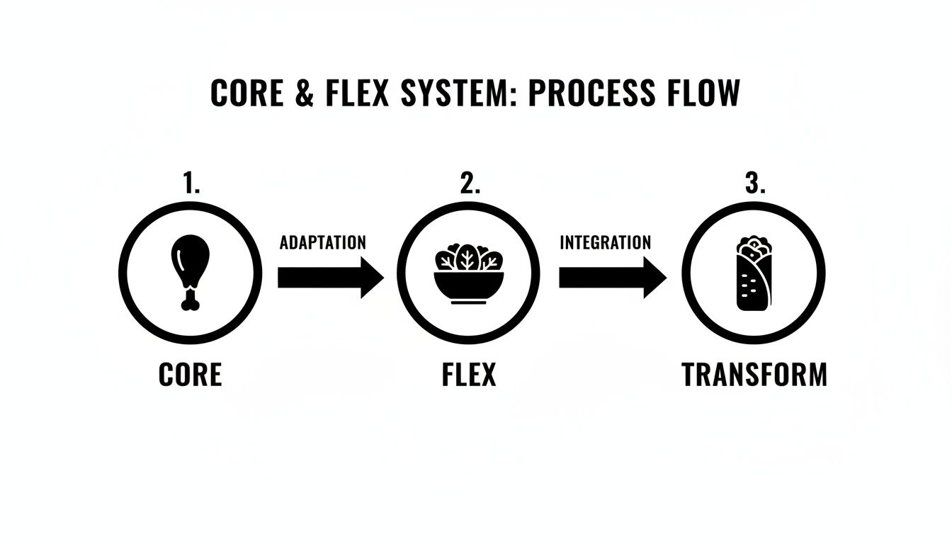 Process flow diagram: Core (chicken) adapts to Flex (salad), then integrates to Transform (burrito).