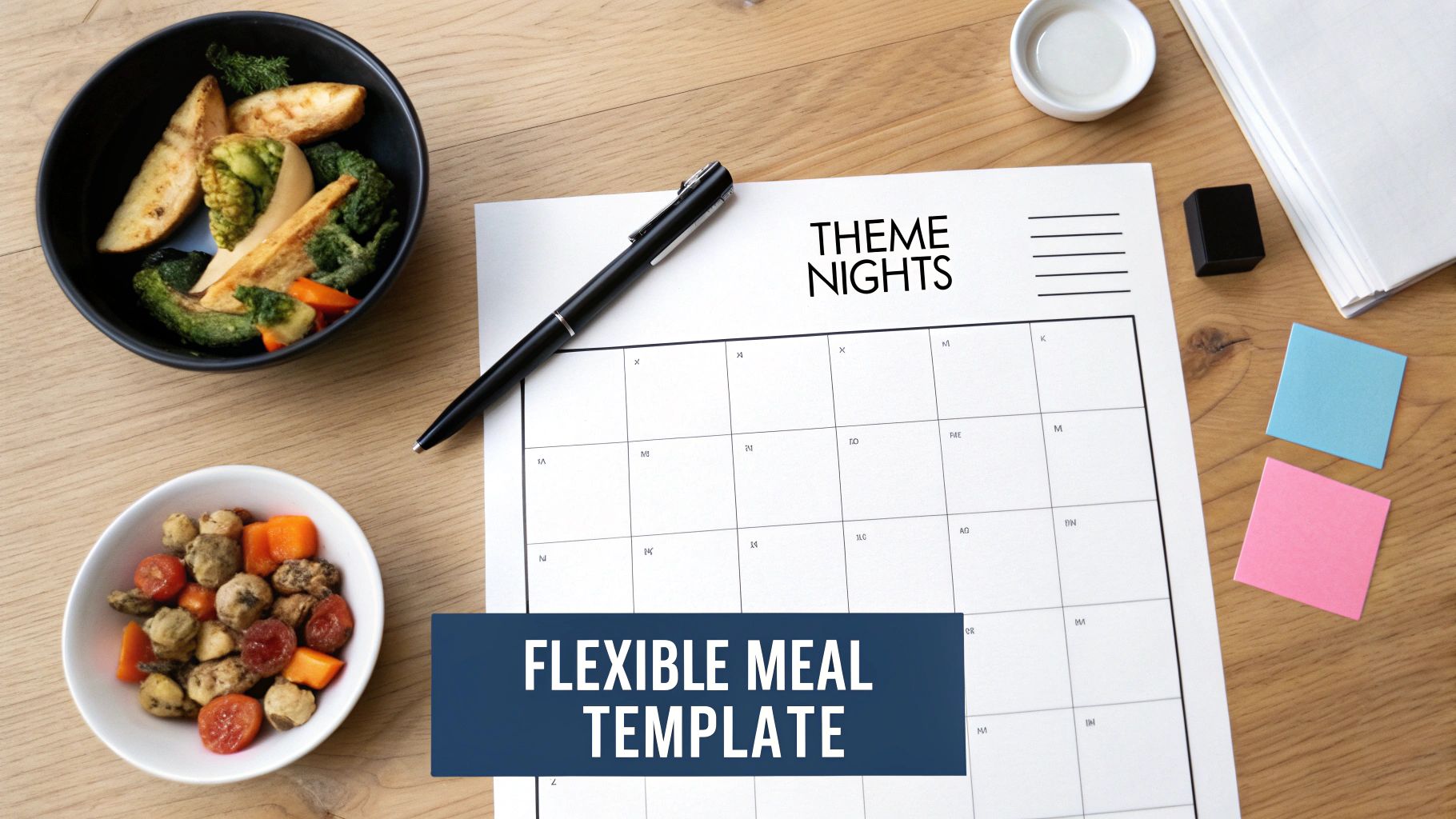 Overhead shot of a 'Theme Nights' meal planning template with healthy roasted vegetables on a wooden desk.