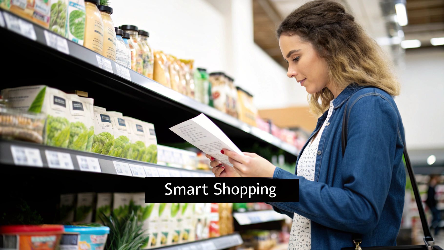 A woman in a grocery store checks her shopping list in an aisle, practicing smart shopping.