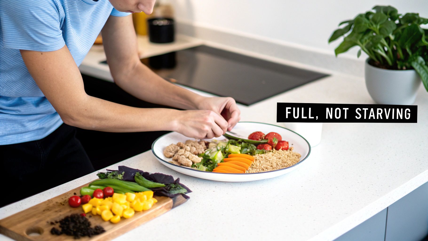 A person arranging a colorful, healthy meal with vegetables and grains on a plate in a kitchen.