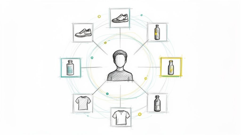 Diagram showing a person in the center connected to various products like shoes, bottles, and t-shirts.