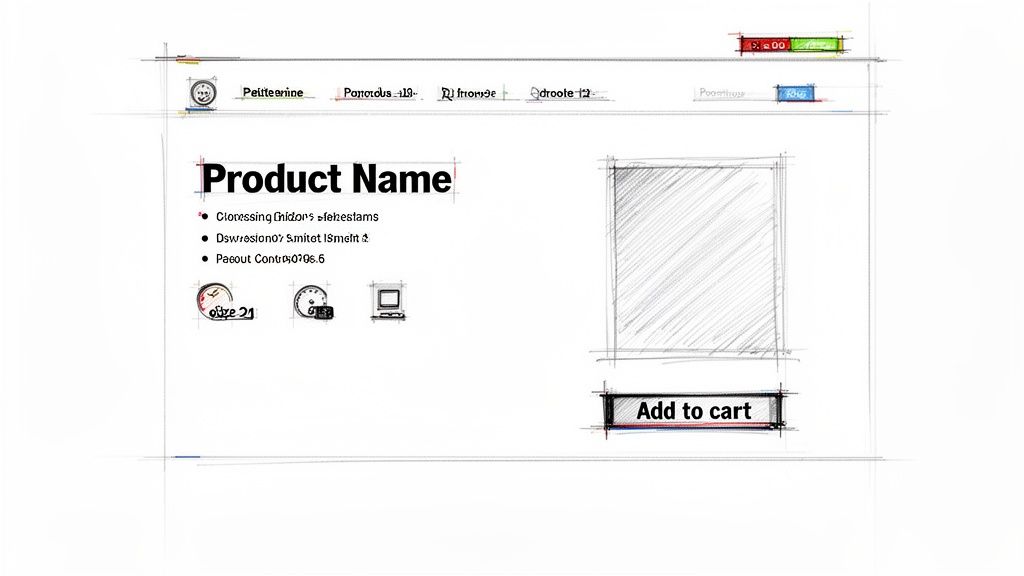 A hand-drawn wireframe sketch of a product page interface, showing a title, features, icons, and an 'Add to cart' button.