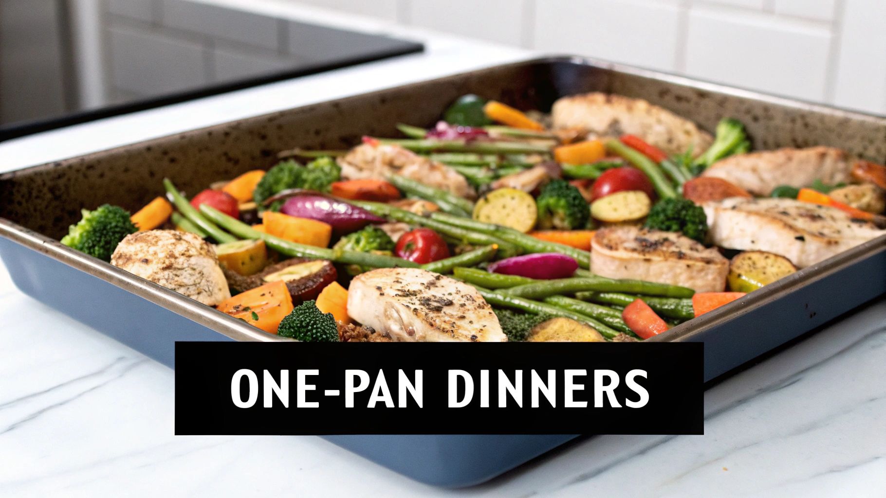 A large blue sheet pan filled with seasoned chicken breasts and roasted vegetables like broccoli, carrots, and green beans.