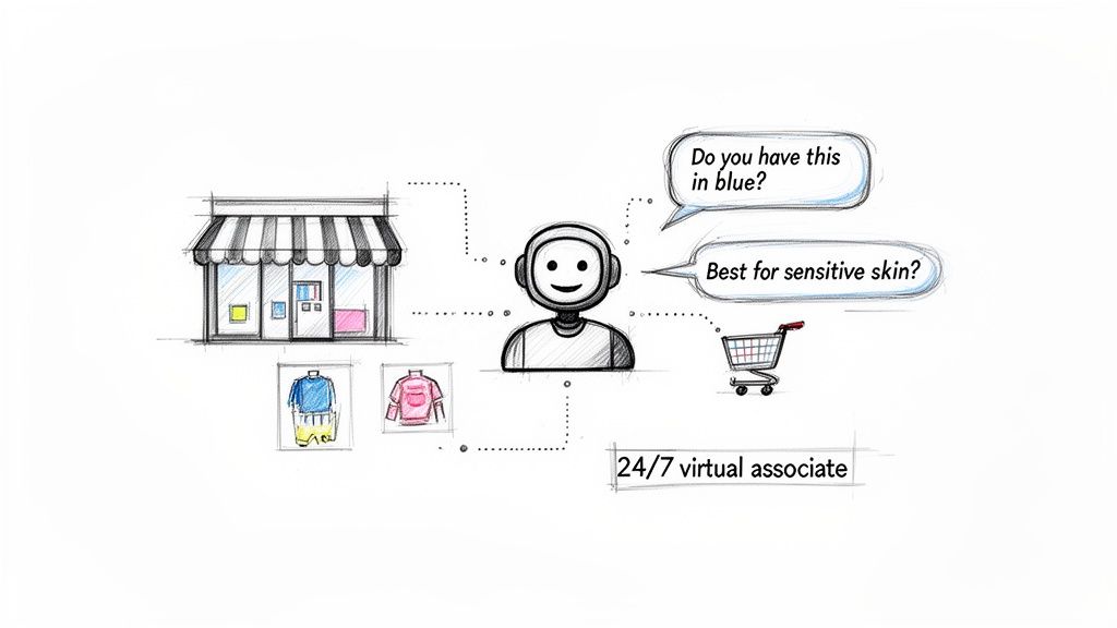 AI chatbot connecting a store and products with customer questions for virtual shopping assistance.