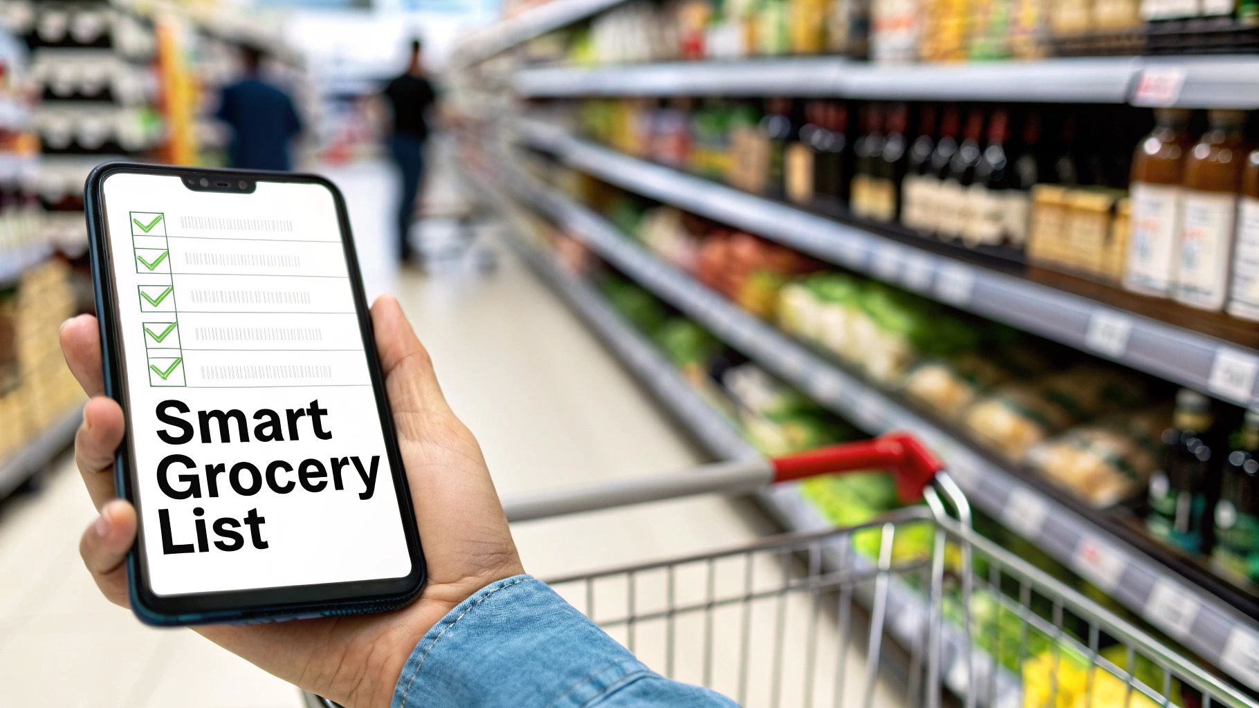 A hand holds a smartphone showing a 'Smart Grocery List' app in a blurred supermarket aisle.