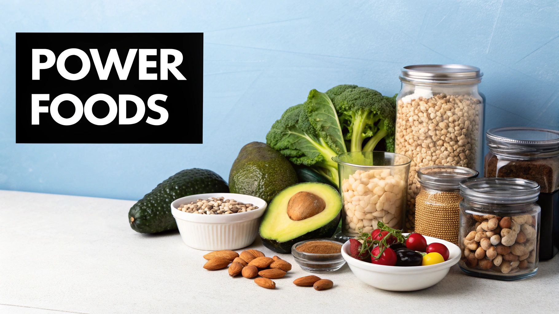 A selection of 'power foods' including broccoli, avocados, almonds, and various legumes and nuts in jars.