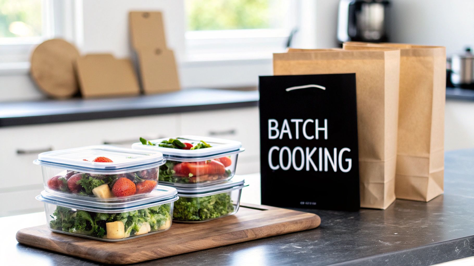 Meal prep containers with fresh food on a kitchen counter next to a 'BATCH COOKING' sign and brown bags.
