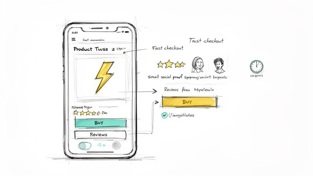 Hand-drawn smartphone UI sketch showing e-commerce product page with fast checkout, reviews, and trust elements.