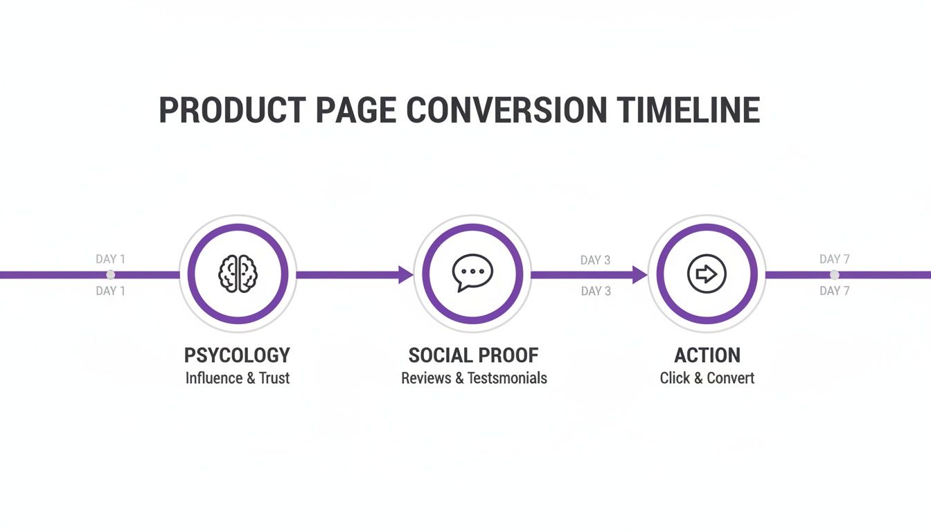 Product page conversion timeline showing psychology, social proof, and action stages over seven days.