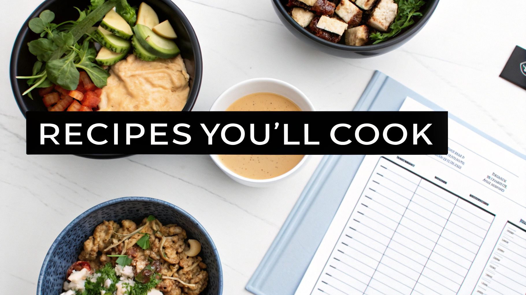 Overhead shot of healthy meal prep bowls with a dressing and open weekly planner with text 'RECIPES YOU'LL COOK'.