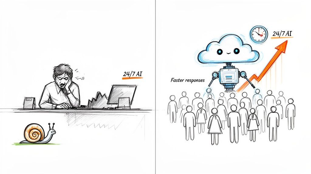 Two panels contrasting slow manual support with a snail, versus fast, efficient 24/7 AI cloud robot service.