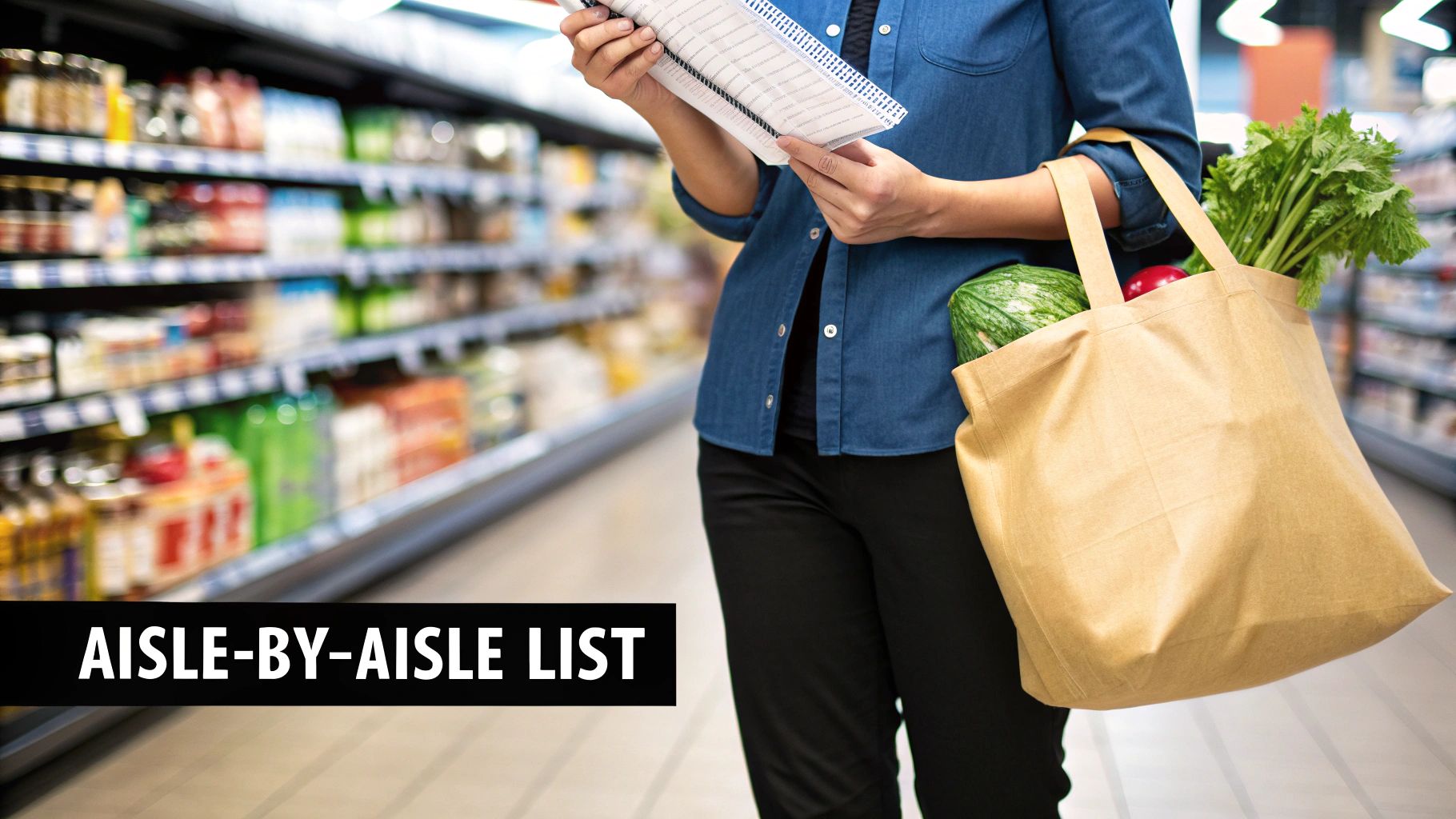 A person in a supermarket aisle holds a grocery list and a reusable bag with fresh produce.