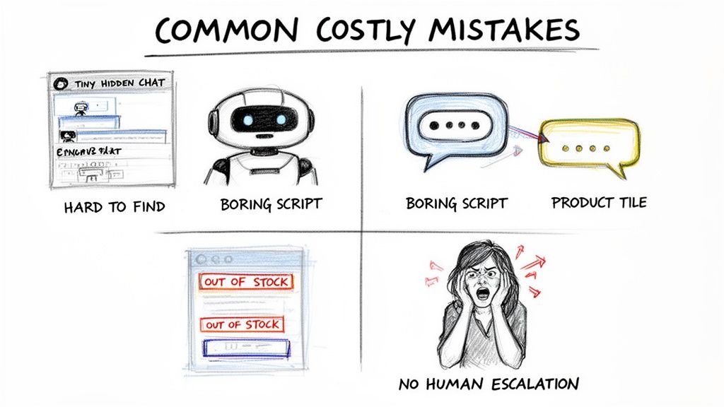 Diagram outlining common costly customer service mistakes like hidden chat, unhelpful bots, and no human escalation.