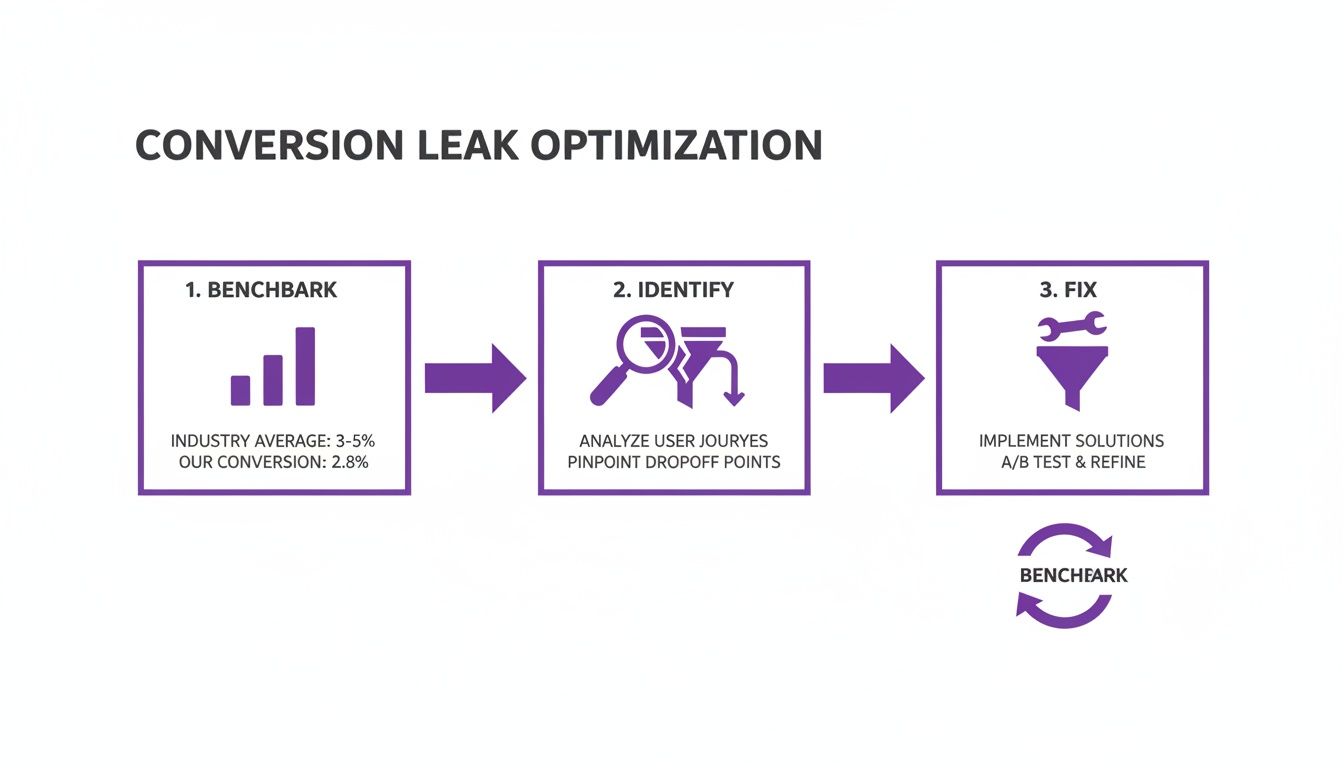 Diagram illustrating conversion leak optimization steps: benchmark, identify, fix, and continuous improvement.