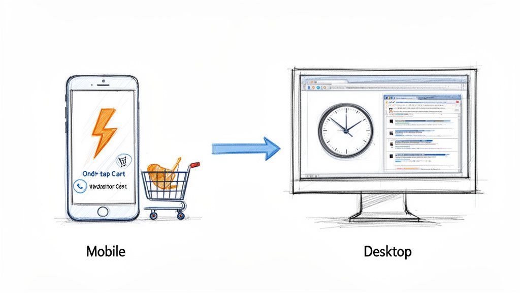 A mobile phone and shopping cart, connected by an arrow to a desktop computer, representing m-commerce to e-commerce.